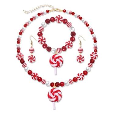 Imagem de YAHPERN Conjunto de joias de doces para mulheres, meninas, Natal, bengala doce, pirulito, colar, pulseira, brincos, acessórios para fantasia de doces de Halloween, presentes, Zinco, Sem Pedra Preciosa