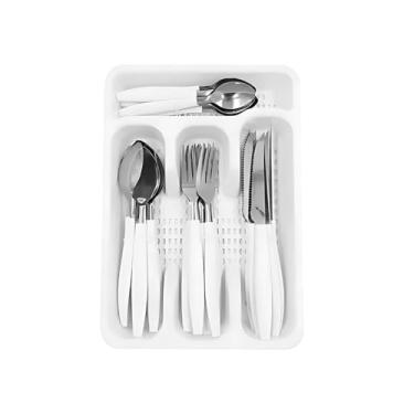 Imagem de Kit de Talheres 24 Peças em Aço Inox com Cabo Plástico + Porta Talher (Branco)