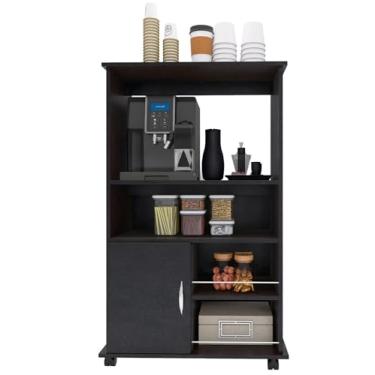 Imagem de Armário de Cozinha Multiuso com Rodízios, Branco, 4 Prateleiras, Porta Organizadora, Suporte para Micro-ondas e Cafeteira (Branco)