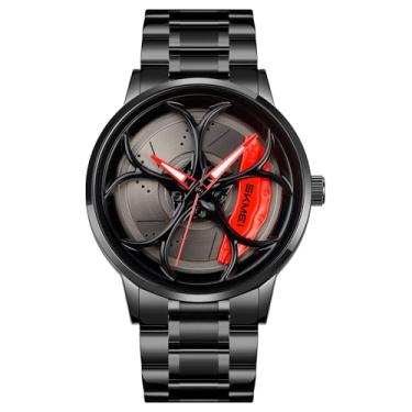 Imagem de Relógio de pulso masculino criativo 3D giratório com roda de carro, design de cubo de aro, moderno, quartzo, elegante, com pulseira de aço inoxidável, presentes para entusiastas de carros, V Vermelho