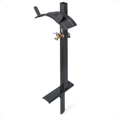 Imagem de Aqua Joe SJ-SHSBB-GRY Suporte de mangueira de jardim de aço com torneira de latão sólido e base de âncora de instalação rápida, cinza