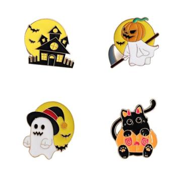 Imagem de Conjunto de Broche de Halloween para Mulheres Material de Liga - Casa Assombrada Fantasma de Abóbora com Foice Fantasma com Chapéu de Bruxa e Gato Preto em Pinos Esmaltados de Abóbora Adequado para