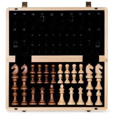 Imagem de A&A 15" Magnetic Wooden Chess Set for Adults/Folding Chess Board/Handmade 3" King Height Knight Staunton Chess Pieces with 2 Extra Queen/Portable Travel Chess Game Set