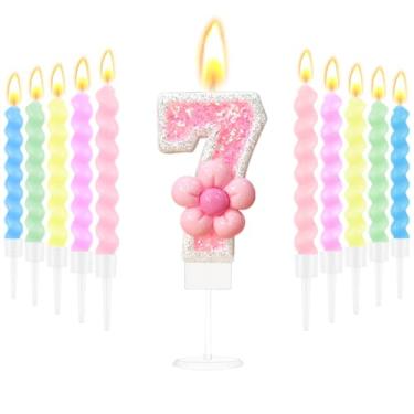 Imagem de Velas de aniversário para bolo com glitter rosa número 7 velas com 10 peças de velas espirais para 7 anos de idade, decoração de festa de aniversário, artigos de bolo de casamento, tema doce
