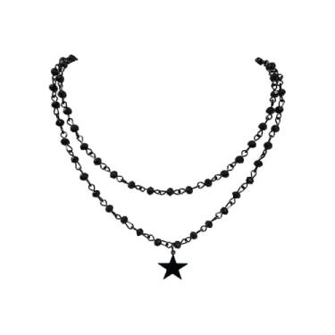 Imagem de Cykdohy Y2k Conjunto de colar com pingente de estrela preta gótico punk escuro em camadas para mulheres, corrente de contas, clavícula, grunge, pentagrama, estética, gargantilha ajustável, hip hop