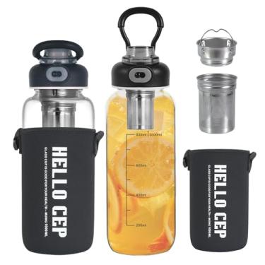 Imagem de wangsdjy Garrafa de água de vidro de 1000 ml com capacidade Mark e coador de chá de aço inoxidável - grande capacidade para bebidas quentes/frias, café, chá e água. Inclui manga protetora, perfeita