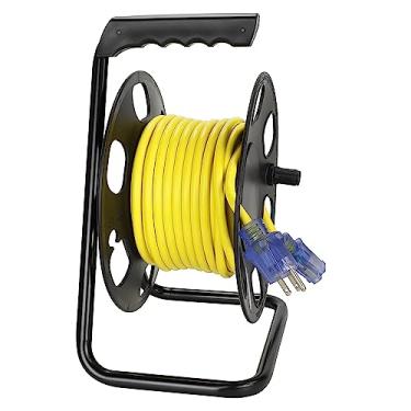 Imagem de Clear Power Cabo de extensão externo 14/3 SJTW de 15 m, amarelo, conector de bloqueio iluminado, plugue de aterramento de 3 pinos, carretel de armazenamento de cabo resistente com suporte de metal, DCCO-9005-DC