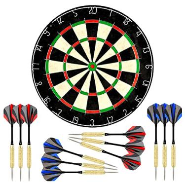 Imagem de LinkVisions Alvo de sisal/cerdas com alvo sem grampos e 12 dardos de ponta de aço mais eixo de alumínio forte, 45 cm 3,8 cm, kits de montagem incluídos