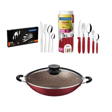 Imagem de KIT - Panela WOK 36 cm Vermelho + 1 Faqueiro Vermelho 30pç + 1 Faqueir