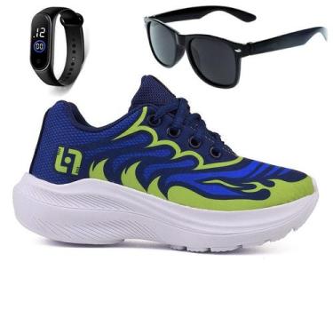 Imagem de Tenis Infantil Meninos Casual Escolar Preto Preto + Óculos e Relógio -