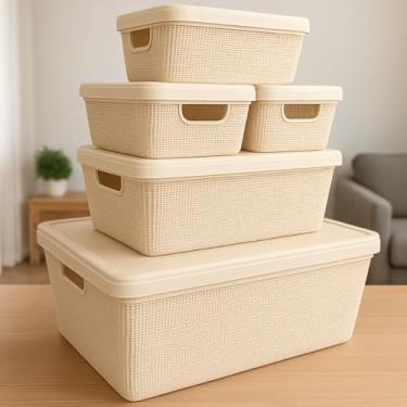 Imagem de Caixa Organizadora com Tampa Kit 5 Peças Cestos Plásticos 1,8 L, 5 L, 15 L Resistente Multiuso (Bege)