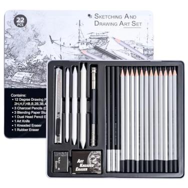 Imagem de Drawing Sketching Pencil Set, 22 PCS Graphite and Charcoal Pencils with Blending Stumps, Erasers, Art Knife & Pencil Extender in Metal Box, Artist Sketching Supplies for Drawing & Shading (22 Pcs)
