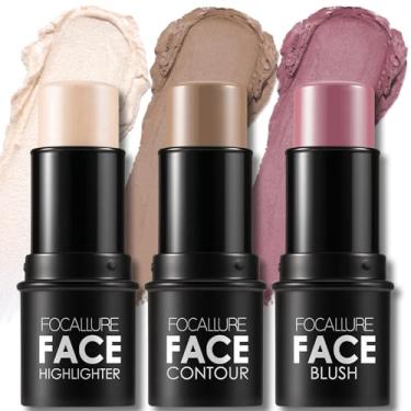 Imagem de FOCALLURE 3 palitos de contorno de creme, tons com iluminador, bronzeador e blush, caneta de contorno facial de longa duração não oleosa, fácil de esculpir o rosto e criar uma maquiagem de acabamento