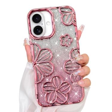 Imagem de Bonoma Capa com glitter para iPhone 16, linda capa com estampa floral 3D, proteção para câmera, capa traseira macia e brilhante para mulheres e meninas, rosa