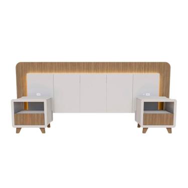 Imagem de Cabeceira Casal Queen com 2 Mesas de Cabeceira Led 3000k e Tomadas 100% Mdf Mabel Branco/ Louro Freijó Grann