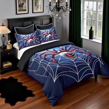 Imagem de Manfei Capa de edredom infantil de teia de aranha, 100% algodão, tamanho king, aracnídeo, aracnídeo, animal, meninas, meninos, conjunto de roupa de cama, feliz dia das bruxas, azul gótico, 2 fronhas