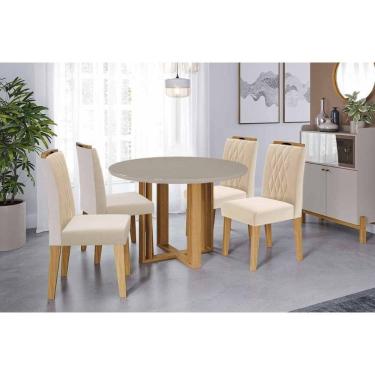 Imagem de Conjunto: Mesa Sala Jantar Flora Tampo Madeirado c/ Vidro 109cm e 4 Cadeiras Juliana Cinamomo/Off White - Carvalho/Suede Nude Bege - Cimol
