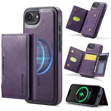 Imagem de DG.MING Capa de couro magnética removível 2 em 1 para iPhone 16e, carteira com bloqueio de RFID com 8 compartimentos para cartão, compatível com carregamento sem fio MagSafe, capa protetora para