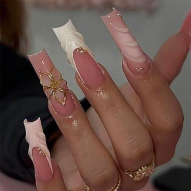 Imagem de RUOKEXIN Unhas postiças quadradas longas com ponta francesa, rosa, ombré, unhas postiças com designs 3D, unhas artificiais brilhantes, cola acrílica, prensa, cola, cola, 24 peças