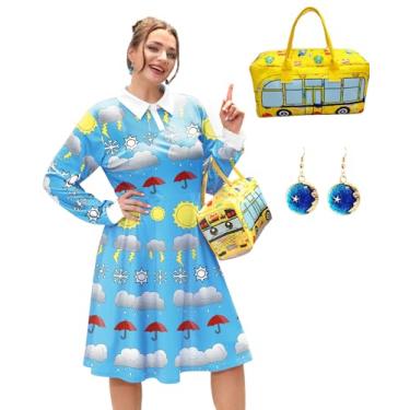 Imagem de Womens Halloween Dress Sets Adult Plus Size Long Sleeve Ms. Frizlee Cosplay Costume with Handbag Earrings Light Blue 3XL