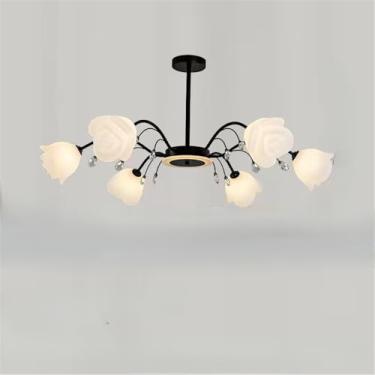Imagem de Luminária Pendente Flor Pastoral Americana Lâmpada Pendente Moderna De Luxo Para Sala De Estar, Sala De Jantar, Quarto, Casa De Campo, Lustre De LED (Black 6 Lights 1PCS)