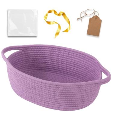 Imagem de OIAHOMY Cesta pequena de tecido com sacos de presente, fitas e cartão de etiqueta DIY, cestas vazias para presentes, cesta de corda pequena de 30 x 20 x 12 cm, cestas decorativas fofas com alças para