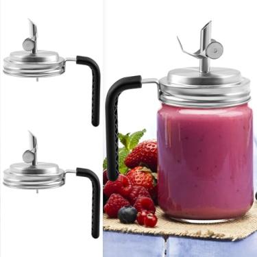 Imagem de 2 peças de tampa de bico de aço inoxidável de boca larga com alça e bico de despejo, tampas de pote de vidro reutilizáveis, à prova de vazamento sem ferrugem para bebidas fermentadoras de frutas em
