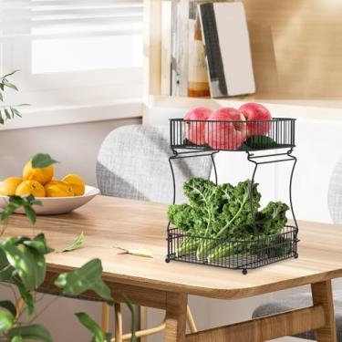 Imagem de Cesta de frutas de 2 camadas para cozinha, cesta de pão de legumes, suporte de armazenamento de frutas destacável para balcão de cozinha (preto)