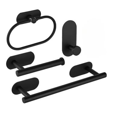 Imagem de Kit 4 Peças de Banheiro Toalheiro Aço Inox Escovado Sem Furo (preto)