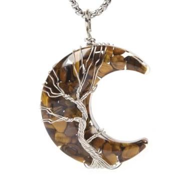 Imagem de Colar feito à mão com pingente de árvore da vida com pingente de resina e lua crescente, 56 cm, Pedra, Olhos de tigre