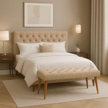 Imagem de Banqueta Luxo Vitoria Estofada Capitonê, Pés de Madeira Moderno (Bege)