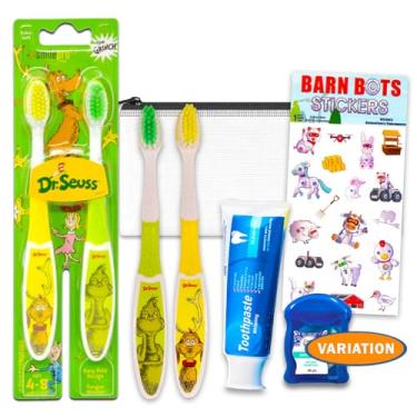 Imagem de Dr. Seuss Kit de viagem para cuidados bucais para crianças – Pacote com 2 escovas de dentes, pasta de dente, fio dental, bolsa de viagem, mais para meninos, meninas, conjunto de escovas de dentes