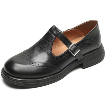 Imagem de U-lite Sapato feminino de couro perfurado com cadarço e bico fechado vintage Oxfords, Preto 2, 38 BR
