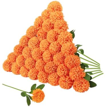 Imagem de Ovveroche 36 peças de flores artificiais bola de crisântemo flor laranja seda falsa outono mães com hastes buquê de bola para decoração de casa outono mesa centro de mesa festas