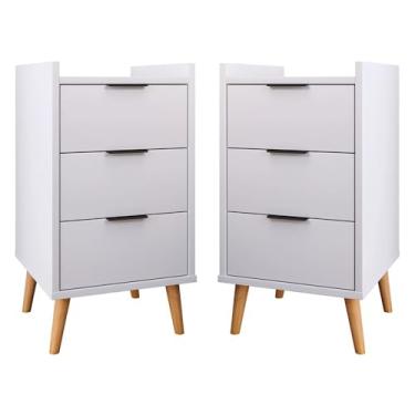 Imagem de Mesa De Cabeceira Retrô Mesinha Decorativa Quarto Casal - Toni 3 Gavetas (Kit 2 Branco)