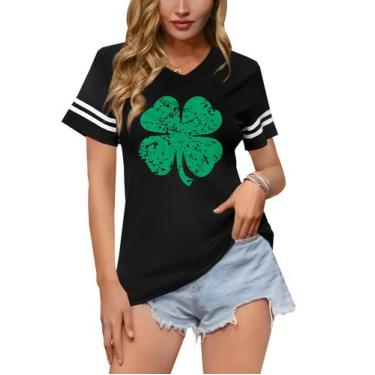 Imagem de Camiseta feminina ALIREVERIE St Patricks Day Shamrock verde com decote