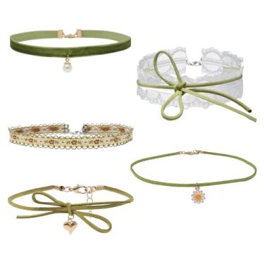 Imagem de yueton Conjunto de gargantilhas verdes fofas com laço de renda vintage, gargantilha de veludo, joias modernas para festa, formatura, aniversário, vida diária