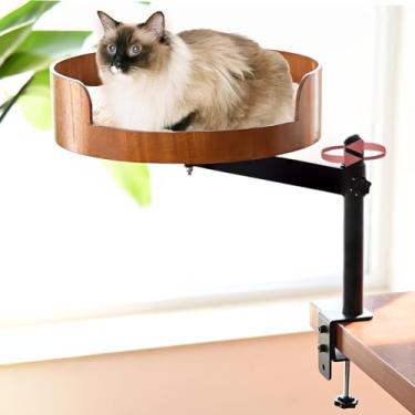Imagem de Cama de mesa para gatos - poleiro de madeira ajustável e giratório de 360° com tapete lavável para animais de estimação, rede que economiza espaço para escritório em casa/mesas de computador (madeira)