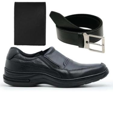 Imagem de Kit Sapato Social Masculino Confortável Couro Legitimo Ortopédico 33 ao 46 + Carteira + Cinto-Masculino