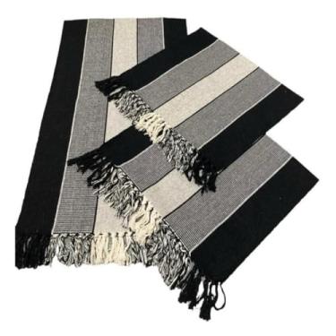 Imagem de Kit Passadeira Tapete Para Cozinha De Tear 3 Peças(Preto Listrado)