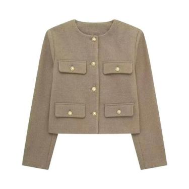 Imagem de Jaqueta Elegante Feminina Cropped Com Decote Redondo, Manga Longa, Bol