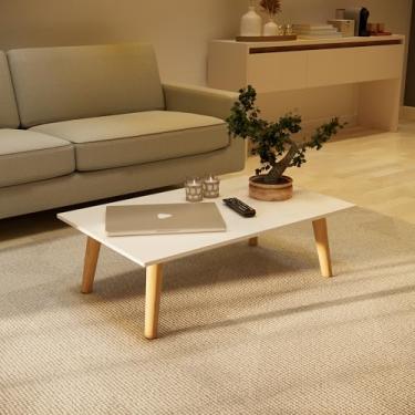Imagem de Mesa de Centro Moderna, 80 x 42 cm, Tampo MDF, Pés em Madeira Maciça, Altura 32,5 cm (Off White)
