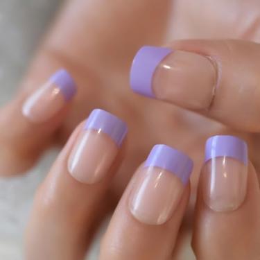 Imagem de Unhas curtas Squoval Press on Nails Nude Purple French Fake Nails Glossy Full Cover Kit de unhas postiças para mulheres - 24 peças/conjunto