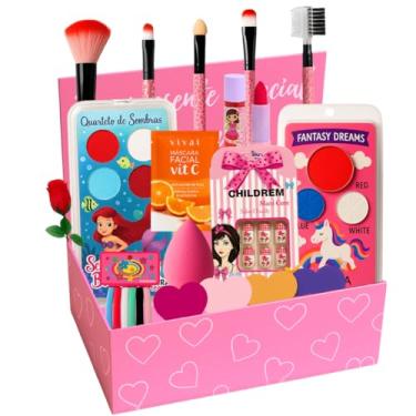 Imagem de Kit Maquiagem Infantil Caixinha Rosa Paleta Sombras Pincéis Make Presente Meninas Princesinha