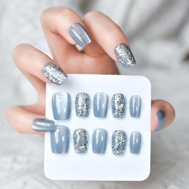 Imagem de Pregos de pressão ultra curtos azul água glitter prata falso gel olho de gato revestimento de unhas pequeno pequeno bailarina pontas quadradas para uso diário à noite estilo clássico design
