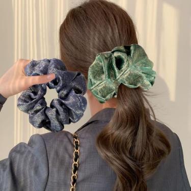 Imagem de Pacote com 2 laços de cabelo decorativos com glitter, elásticos de cetim para mulheres, macios que seda para cabelos, gravatas modernas e faixas para penteados grossos (verde escuro, azul marinho)