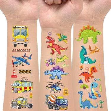Imagem de 50 folhas de tatuagens temporárias de dinossauro, tatuagens temporárias de transporte para braço do rosto do corpo, cesta de suprimentos de lembrancinhas de festa