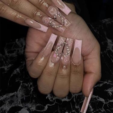 Imagem de Kit de unhas postiças longas quadradas francesas rosa falsas com design de coração, strass prensa acrílica cobertura completa vara falsa na unha para mulheres uso diário manicure casamento 24 peças