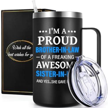 Imagem de Gtmileo Presentes para cunhado, Natal engraçado, presente de aniversário para o melhor cunhado presentes da cunhada, isolamento de aço inoxidável com alça e tampa caneca de café (590 ml) preto)