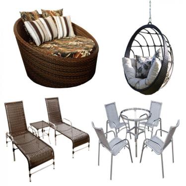 Imagem de Kit 4 Cadeiras E Mesa, 2 Espreguiçadeiras, 1 Balanço Ninho E 1 Chaise Em Alumínio Sepia